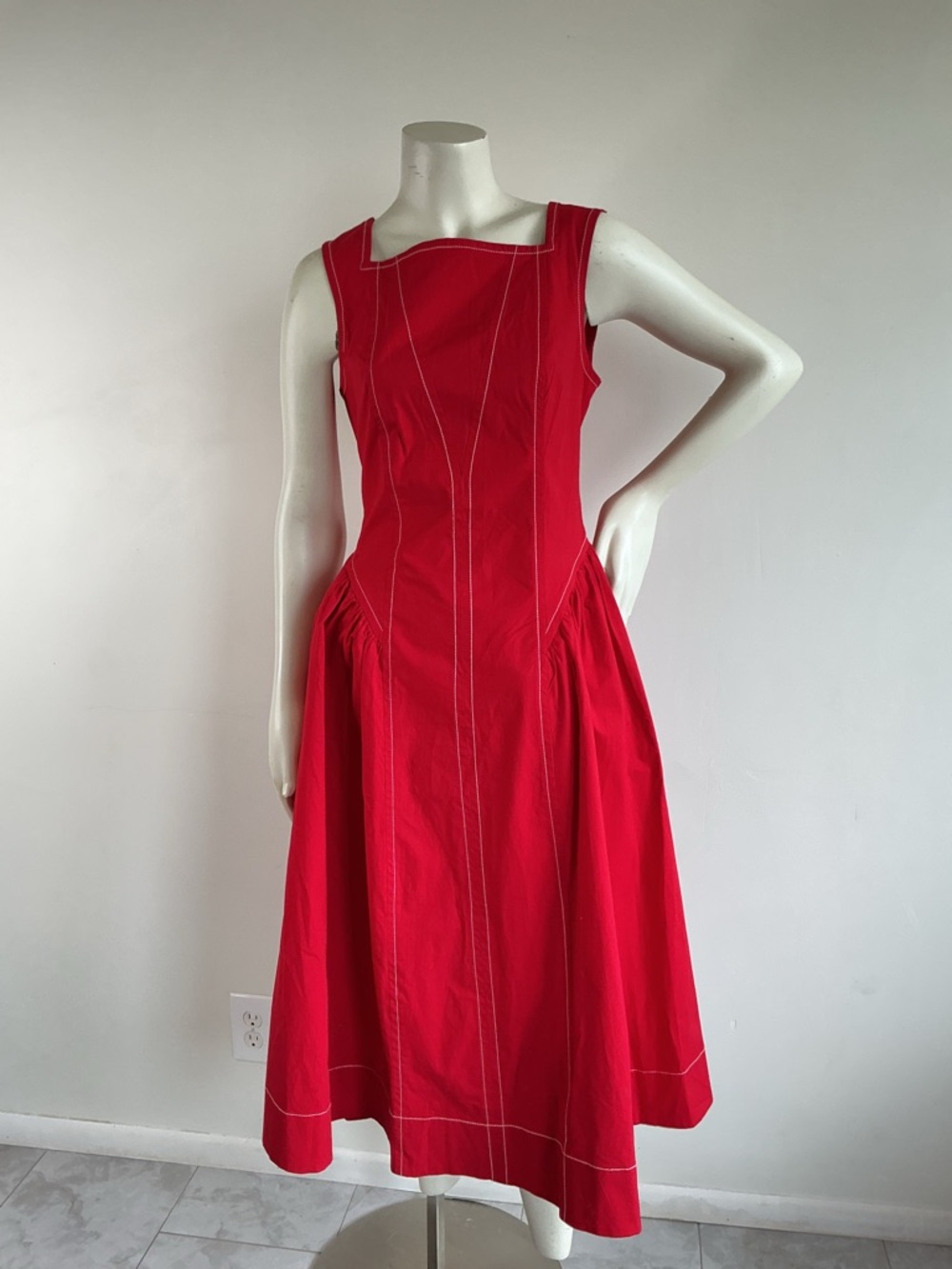 NEW Anthropologie Red Structured Midi Dress Contrast Stitch Pockets Square Neck - Picture 3 of 10